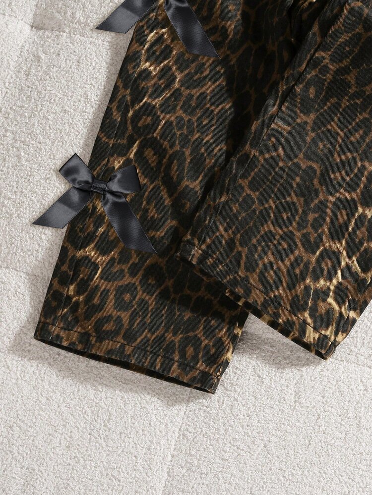 SHEIN Young Girl American Street Style Leopard Print Denim Jeans, Y2K Sweet & Cool Bowknot Cargo Straight Leg Pants, All-Season Versatile Long Pants - Coffee Brown - View 7