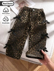 SHEIN 少女美式街頭風牛仔女郎豹紋牛仔褲，Y2K甜酷蝴蝶結工裝直筒褲，四季百搭秋季款 - 咖啡棕 - 查看 3