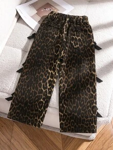 SHEIN 少女美式街頭風牛仔女郎豹紋牛仔褲，Y2K甜酷蝴蝶結工裝直筒褲，四季百搭秋季款 - 咖啡棕 - 查看 2