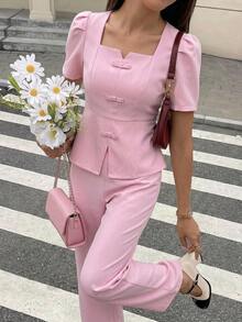 SHEIN 青少年女孩夏季純色泡泡袖短版上衣與長褲套裝 - 彩色 - 查看 14