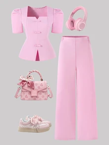 SHEIN 青少年女孩夏季純色泡泡袖短版上衣與長褲套裝 - 彩色 - 查看 5