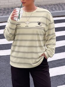 Muchica 大尺碼女款字母條紋印花圓領落肩長袖休閒T恤 秋季 - 杏色 - 查看 7