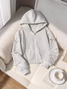 SHEIN Tween Girls Fleece Fall Clothes Light Grey Knit Long Sleeve Jacket Zip Up Coat Autumn/Winter Solid Color Fashion Bow Cardigan School Cute Cool Girl - Light Grey - View 2