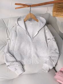 SHEIN Tween Girls Fleece Fall Clothes Light Grey Knit Long Sleeve Jacket Zip Up Coat Autumn/Winter Solid Color Fashion Bow Cardigan School Cute Cool Girl - Light Grey - View 3