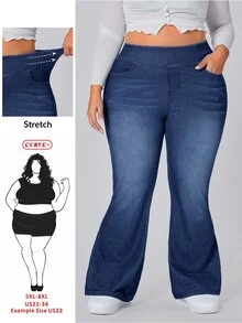 SHEIN Essnce 大码女式休闲弹力喇叭牛仔裤 - 深色水洗藍 - 查看 1