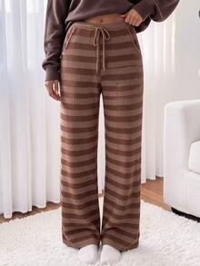 Comfortcana Casual 70s Loose Colorblock Dark Brown Long Pants Fall Clothes For Women Work Everyday Home Outfits Thanksgiving - Mocha Brown - View 2