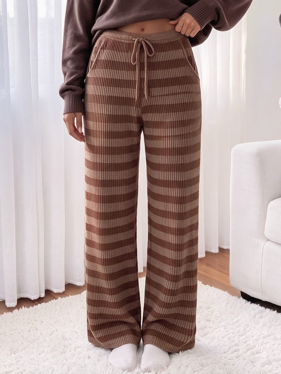 Comfortcana Casual 70s Loose Colorblock Dark Brown Long Pants Fall Clothes For Women Work Everyday Home Outfits Thanksgiving