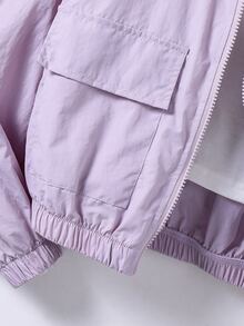 SHEIN 青少年女孩秋季灰色長袖純色連帽拉鍊休閒街頭風百搭日常外套，適合返校、職場、辦公室與校園 - 淡紫色 - 查看 6
