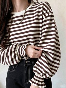 FRIFUL Women's Summer Striped Round Neck Short Sleeve Shirred Cuff T-Shirt - Brown - View 1