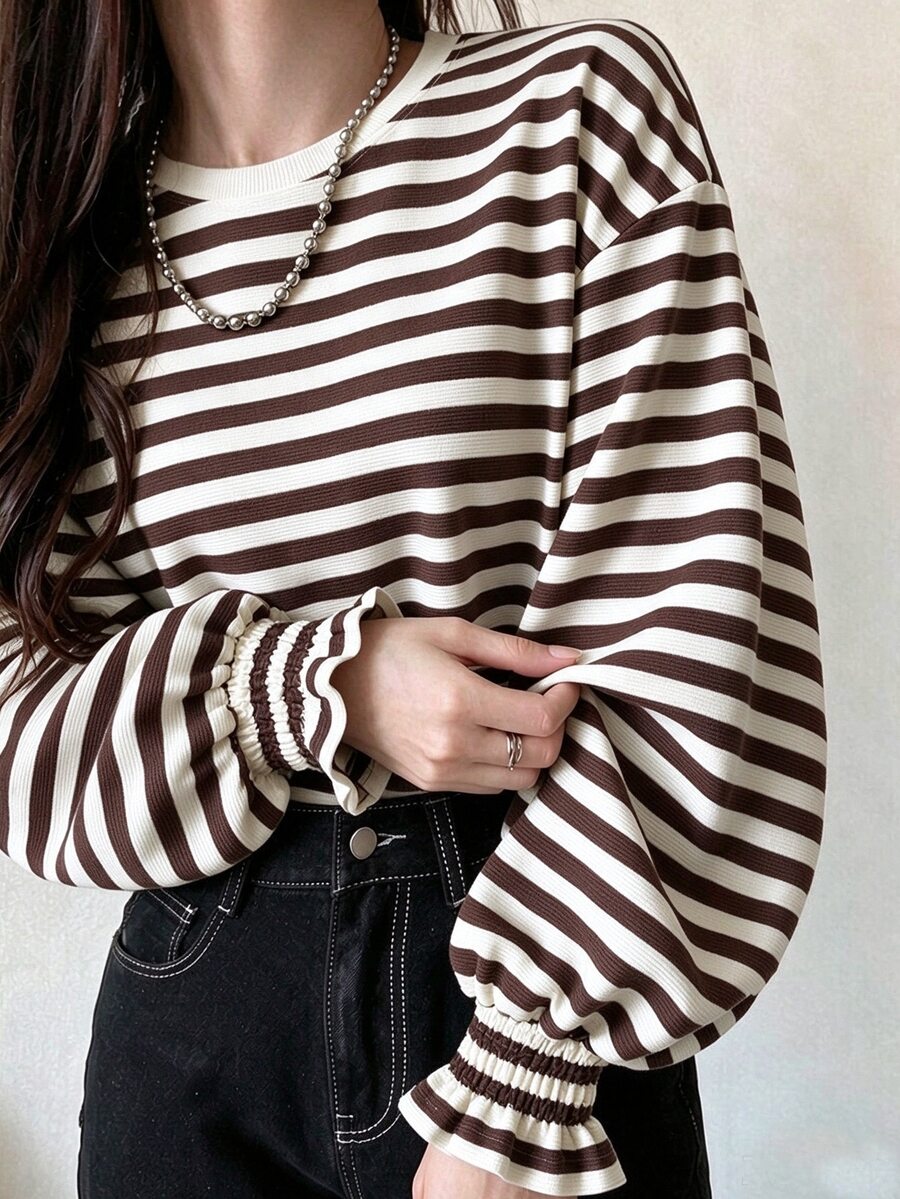 FRIFUL Women's Summer Striped Round Neck Short Sleeve Shirred Cuff T-Shirt - Brown - View 1