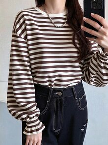 FRIFUL Women's Summer Striped Round Neck Short Sleeve Shirred Cuff T-Shirt - Brown - View 3