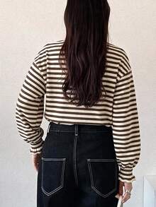 FRIFUL Women's Summer Striped Round Neck Short Sleeve Shirred Cuff T-Shirt - Brown - View 2