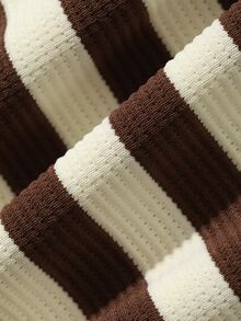 FRIFUL Women's Summer Striped Round Neck Short Sleeve Shirred Cuff T-Shirt - Brown - View 6