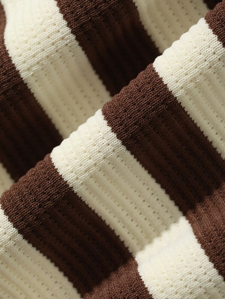 FRIFUL Women's Summer Striped Round Neck Short Sleeve Shirred Cuff T-Shirt - Brown - View 6