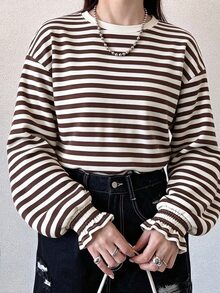 FRIFUL Women's Summer Striped Round Neck Short Sleeve Shirred Cuff T-Shirt - Brown - View 4