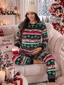 SHEIN Maternity Christmas Print Top And Pants Lounge Set 2pcs Deer Winter Coat Christmas Fall New Year Clothes Christmas Pajamas Festival Outfits For Women - Multicolor - View 1