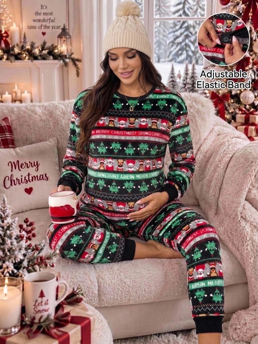 SHEIN Maternity Christmas Print Top And Pants Lounge Set 2pcs Deer Winter Coat Christmas Fall New Year Clothes Christmas Pajamas Festival Outfits For Women - Multicolor - View 1