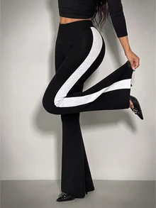 SHEIN ICON Women's Colorblock Casual Versatile Daily Wear Knit Long Pants - Black and White - View 6