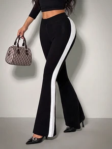 SHEIN ICON Women's Colorblock Casual Versatile Daily Wear Knit Long Pants - Black and White - View 1