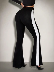SHEIN ICON Women's Colorblock Casual Versatile Daily Wear Knit Long Pants - Black and White - View 2