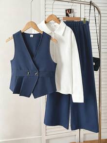SHEIN 青少年女孩秋季套裝 3件組 休閒可愛時尚 V領無袖外套附腰帶、長袖白色襯衫與寬腿直筒長褲 - 藏蓝色 - 查看 5