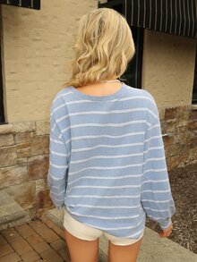 Sydney Algeri Casual Blue And White Stripe Crew Neck Sweatshirt, Suitable For Spring And Autumn Everyday Day Time - Blue - View 2