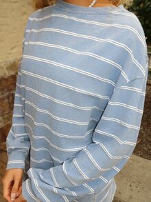 Sydney Algeri Casual Blue And White Stripe Crew Neck Sweatshirt, Suitable For Spring And Autumn Everyday Day Time - Blue - View 5
