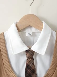 SHEIN 青少年女孩秋季套裝 2件/組 2合1長袖上衣與格紋百褶裙 校園風復古80年代休閒 白色駱駝棕格紋 - 棕色 - 查看 9