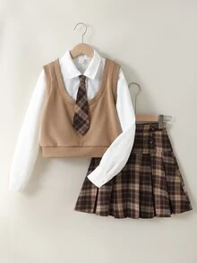 SHEIN 青少年女孩秋季套裝 2件/組 2合1長袖上衣與格紋百褶裙 校園風復古80年代休閒 白色駱駝棕格紋 - 棕色 - 查看 4