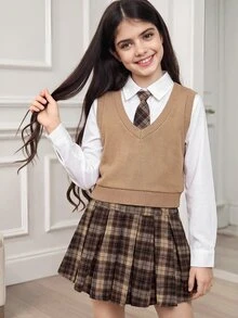 SHEIN 青少年女孩秋季套裝 2件/組 2合1長袖上衣與格紋百褶裙 校園風復古80年代休閒 白色駱駝棕格紋 - 棕色 - 查看 2