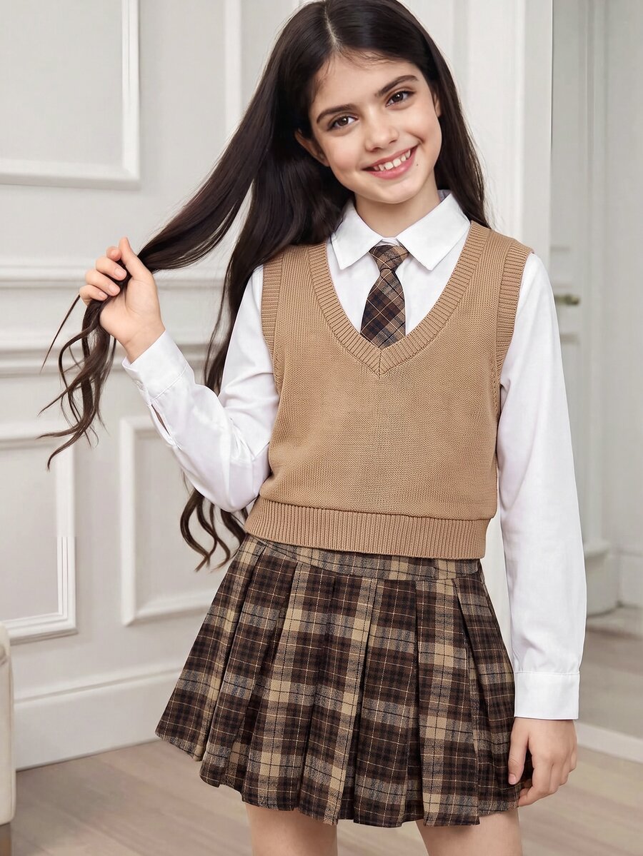 SHEIN 青少年女孩秋季套裝 2件/組 2合1長袖上衣與格紋百褶裙 校園風復古80年代休閒 白色駱駝棕格紋