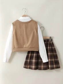 SHEIN 青少年女孩秋季套裝 2件/組 2合1長袖上衣與格紋百褶裙 校園風復古80年代休閒 白色駱駝棕格紋 - 棕色 - 查看 5