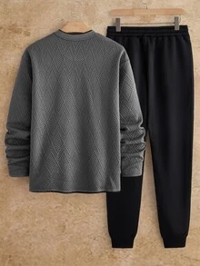 HIMLAND 2pcs Men's Knit Slim Fit Crew Neck Long Sleeve T-Shirt And Elastic Waist Pants Set, Autumn/Winter Halloween Christmas Winter Party Autumn - Grey - View 2