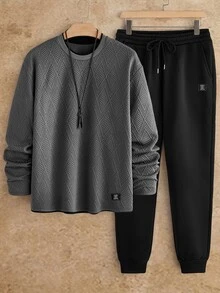 HIMLAND 2pcs Men's Knit Slim Fit Crew Neck Long Sleeve T-Shirt And Elastic Waist Pants Set, Autumn/Winter Halloween Christmas Winter Party Autumn - Grey - View 1