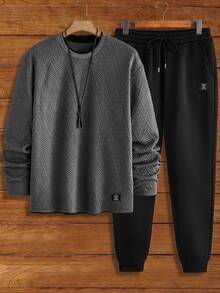 HIMLAND 2pcs Men's Knit Slim Fit Crew Neck Long Sleeve T-Shirt And Elastic Waist Pants Set, Autumn/Winter Halloween Christmas Winter Party Autumn - Grey - View 12
