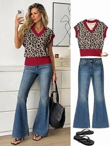 Easowa Women's V-Neck Printed T-Shirt, Versatile Summer Top Going Out Red Leopard Print Sexy - Multicolor - View 3