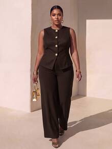 Veslaya Spring/Summer Women's Plus Size New Bold, Classy Feminine Style Tummy Control Fit Breathable Elegant Romantic Classic Arm Long Straight Leg Pants Set - Rust Brown - View 5