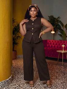 Veslaya Spring/Summer Women's Plus Size New Bold, Classy Feminine Style Tummy Control Fit Breathable Elegant Romantic Classic Arm Long Straight Leg Pants Set - Rust Brown - View 1