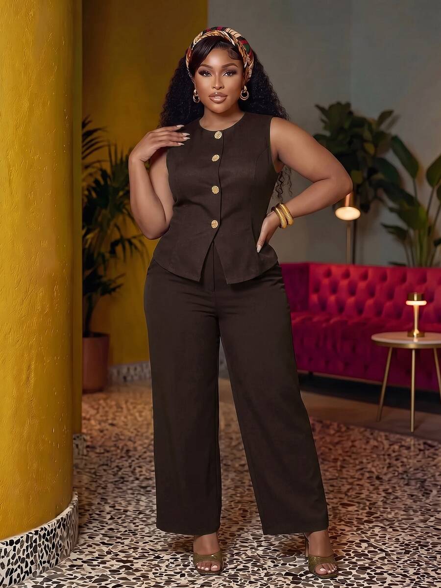 Veslaya Spring/Summer Women's Plus Size New Bold, Classy Feminine Style Tummy Control Fit Breathable Elegant Romantic Classic Arm Long Straight Leg Pants Set - Rust Brown - View 1