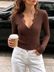 Cévolie Women's Elegant French Style Lace Patchwork Button-Front Cardigan Top - Brown - View 6