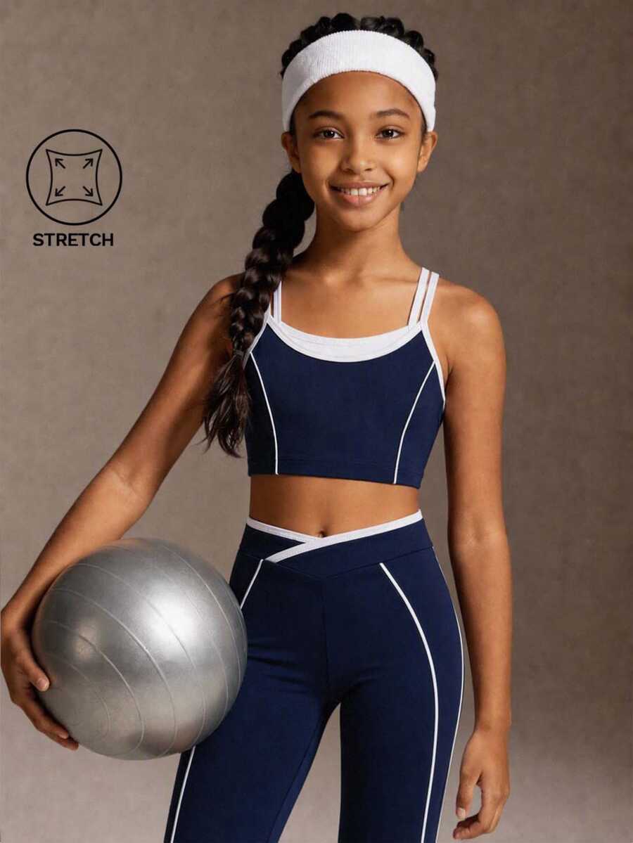 SHEIN 女童高彈力無縫海軍藍運動套裝 2 件組,拼色交叉高腰瑜伽褲與細肩帶背心上衣,健身運動,秋季返校健身房穿搭 - 藏蓝色 - 查看 1