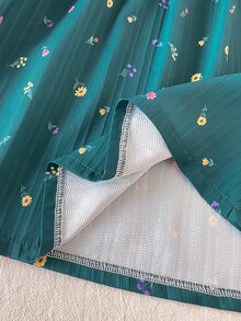 SHEIN 女童聖誕花卉洋裝，泡泡袖 V 背大蝴蝶結 A 字裙，秋冬百搭休閒套裝洋裝 - 綠色 - 查看 7