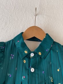 SHEIN 女童聖誕花卉洋裝，泡泡袖 V 背大蝴蝶結 A 字裙，秋冬百搭休閒套裝洋裝 - 綠色 - 查看 5