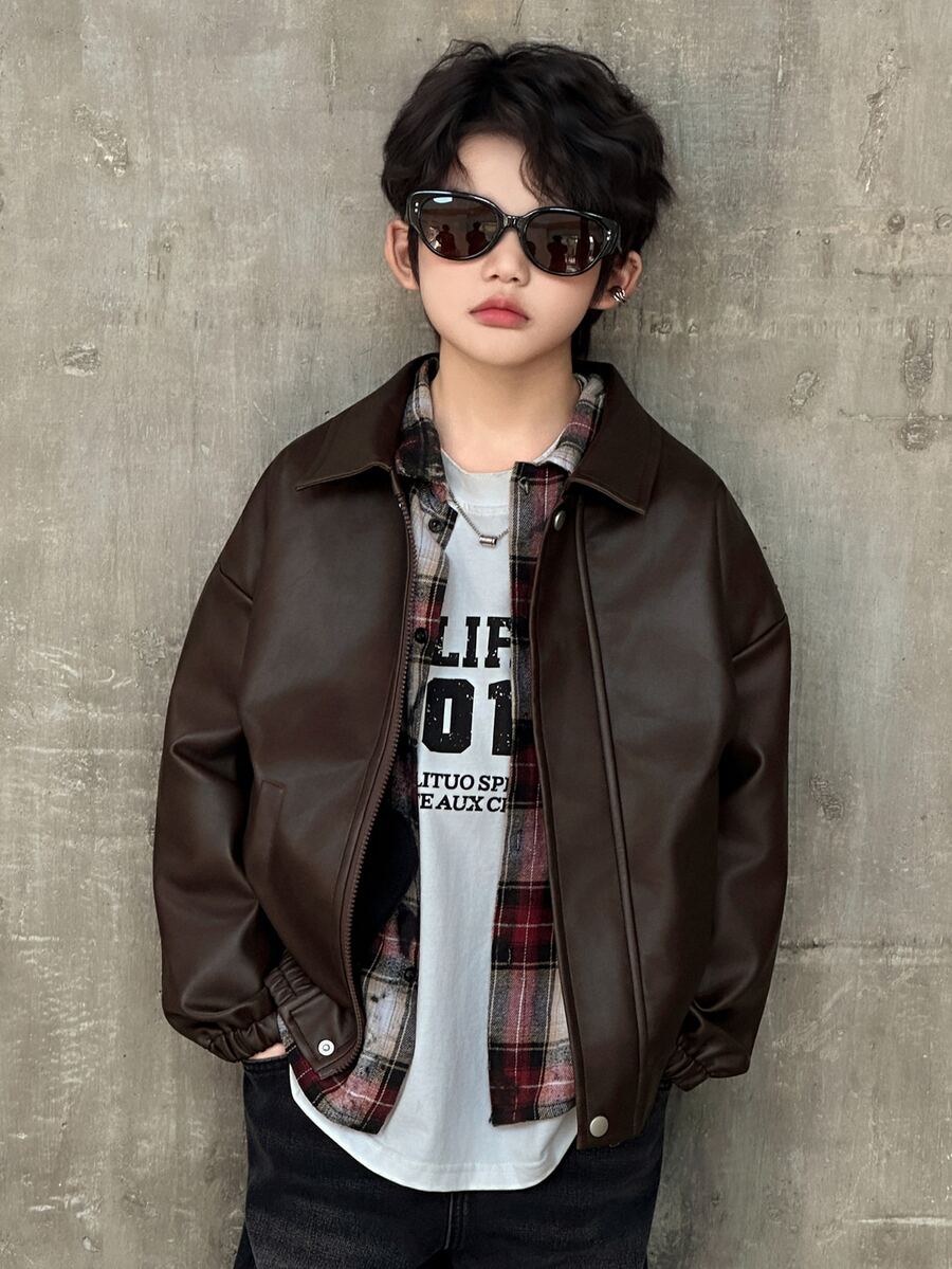 Dazy Kids 青少年男孩纯色落肩长袖拉链宽松 PU 皮夹克，秋季 - 棕色 - 查看 1