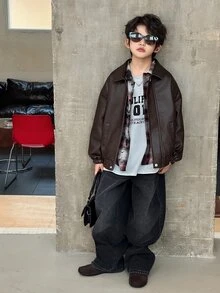 Dazy Kids 青少年男孩纯色落肩长袖拉链宽松 PU 皮夹克，秋季 - 棕色 - 查看 2