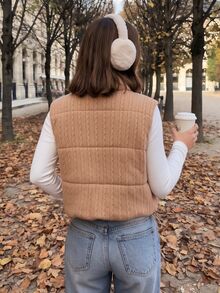 Comfortcana 女款短版馬術刺繡棉質填充背心外套 秋季日常穿搭 Y2K 休閒 2000年代上衣 感恩節 駝色 外出穿搭 - 紫紅色 - 查看 3