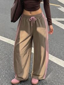 SHEIN CURVE+ Plus Size Women's Striped Colorblock Drawstring Waist Long Pants - Brown - View 3