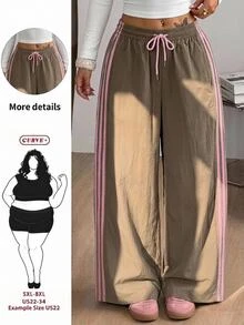 SHEIN CURVE+ Plus Size Women's Striped Colorblock Drawstring Waist Long Pants - Brown - View 1