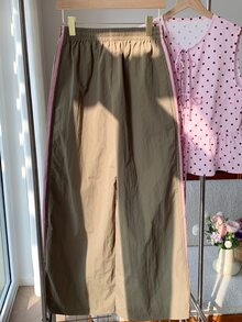 SHEIN CURVE+ Plus Size Women's Striped Colorblock Drawstring Waist Long Pants - Brown - View 2