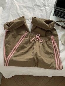 SHEIN CURVE+ Plus Size Women's Striped Colorblock Drawstring Waist Long Pants - Brown - View 4